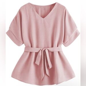 NWT No Label Size S Pink Self Tie V Casual Neck Blouse